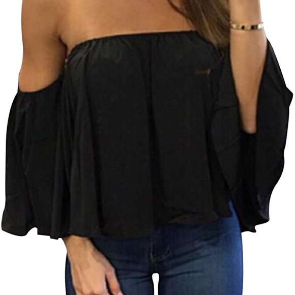 Women's Summer Off Shoulder Blouses Short Sleeves Sexy Tops Chiffon Ruffles - Picture 2 of 7